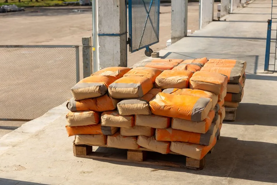Montón de bolsas de cemento naranjas sobre un palé de madera en un entorno industrial.