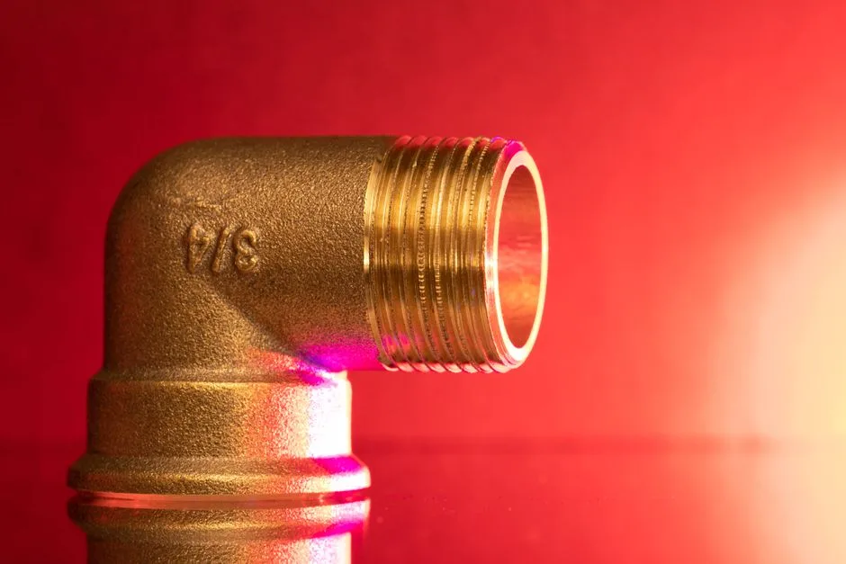 Primer plano de un accesorio de codo de tubería de latón brillante contra un fondo rojo vibrante, mostrando elegancia industrial.
