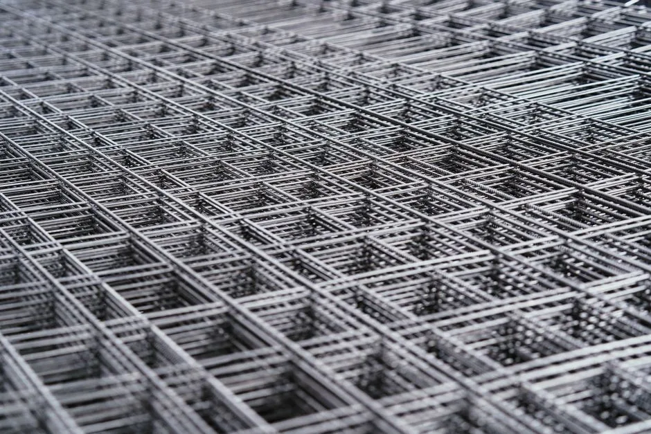 Primer plano de una intrincada rejilla de malla de alambre de acero, que muestra patrones geométricos y diseño industrial.